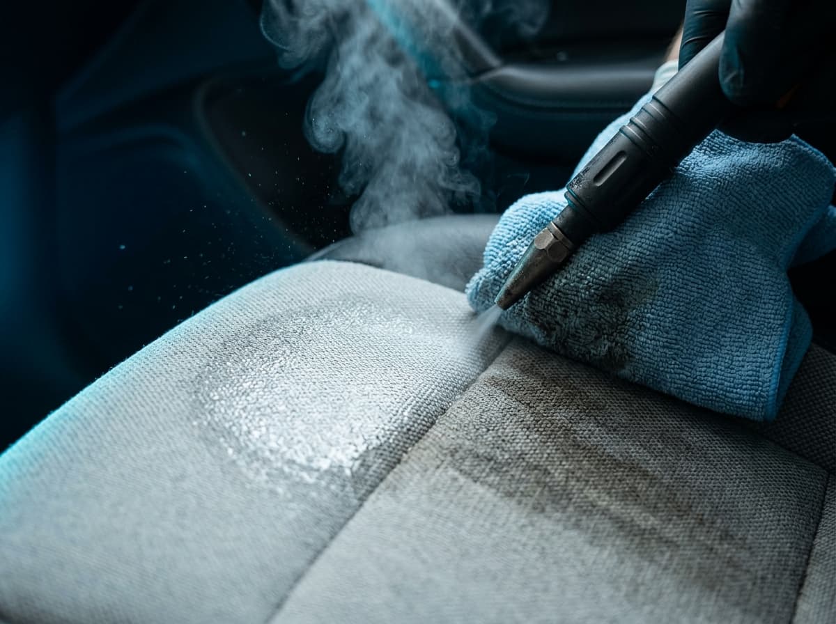 Hartnäckiger Fleck wird mit Heissdampf aus einem Fahrzeugpolster gelöst — Fleckenentfernung