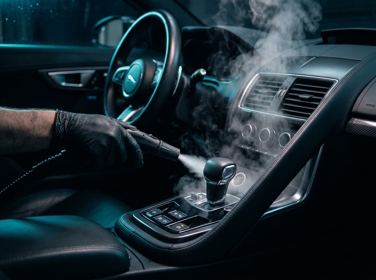 Fahrzeug-Cockpit wird bei der mobilen Innenreinigung mit Heissdampf gereinigt