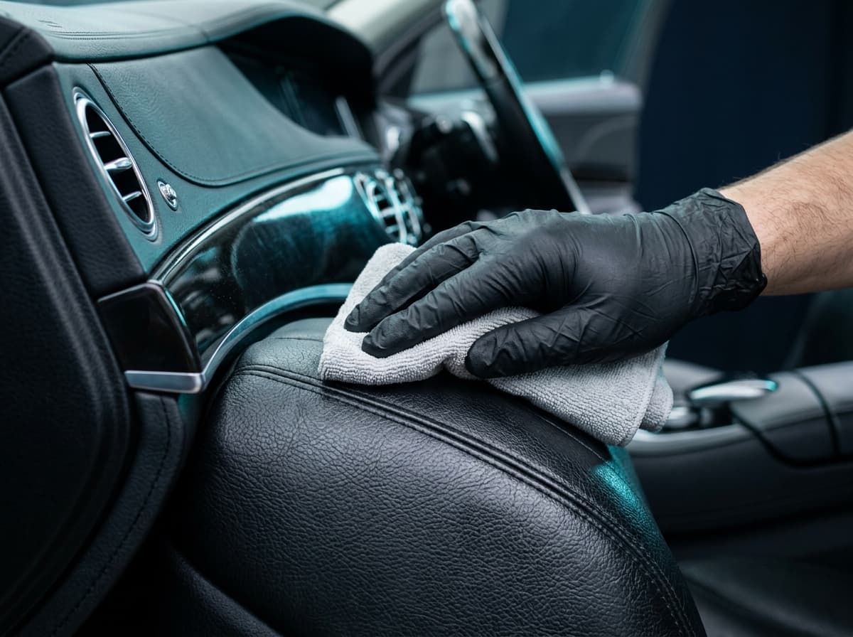 Gepflegte Kunststoff- und Lederoberflächen im Fahrzeug-Cockpit nach der Aufbereitung